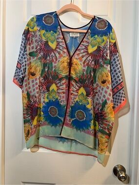 🦋 Dream Daily anthro floral  Sheer Kimono Tunic in Blue, Yellow & Green size med
